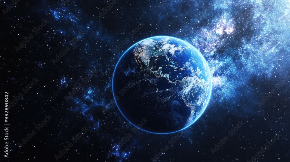 Blue planet Earth featuring oceans and continents set against a backdrop of a starry sky in the vastness of space Blue planet Earth featuring oceans and continents set against a backdrop of a starry sky in the vastness of space
