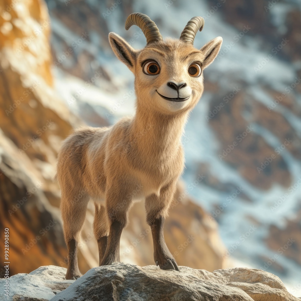 A cute cartoon goat standing on a rocky surface with a mountainous background. A cute cartoon goat standing on a rocky surface with a mountainous background.