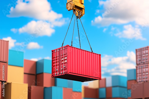 A crane lifting red container from the ground, surrounded by stacked containers against a blue sky with white clouds