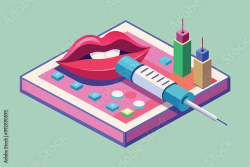 An isometric view shows a syringe and lips illustrating the lip filler process in a contemporary clinic setting, Customizable isometric illustration of lip filler.