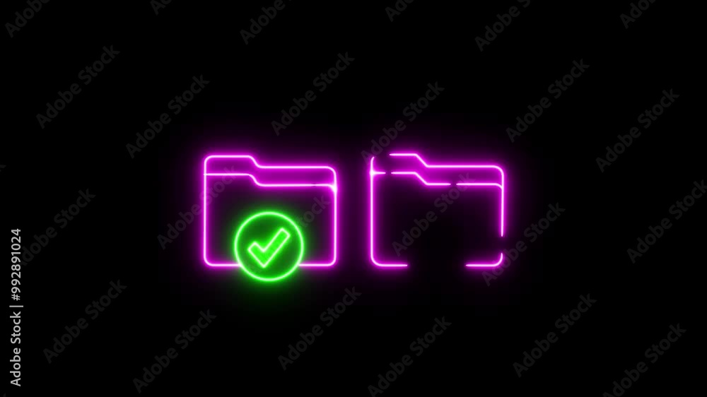 Glowing neon line Document folder and check mark icon isolated on black background. Glowing neon line Document folder and check mark icon isolated on black background.