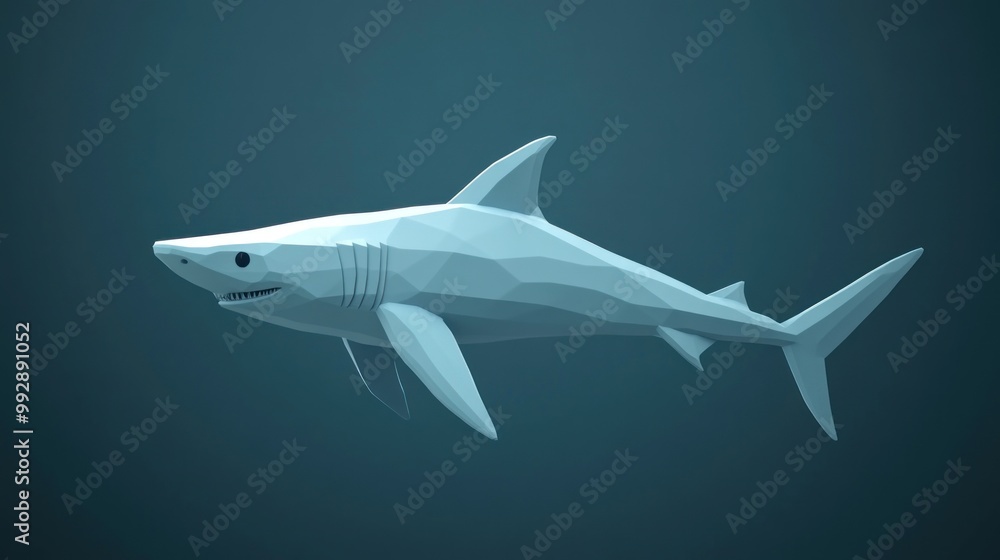 Obraz premium A 3D polygonal model of a shark swimming in a dark underwater environment.