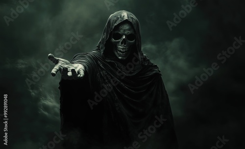 On Halloween, a skull like black figure wearing a hood ominously stretched out.