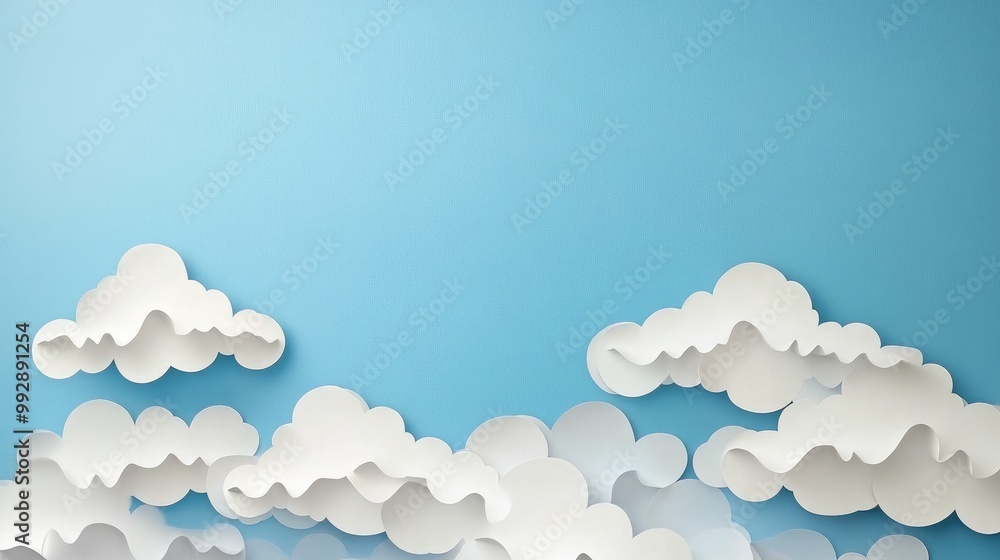 White paper artwork resembling clouds set against a blue sky backdrop with ample empty space for text or design White paper artwork resembling clouds set against a blue sky backdrop with ample empty space for text or design