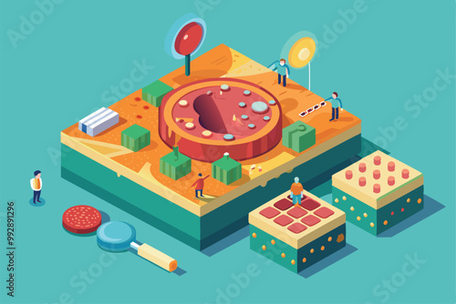 This illustration displays a detailed view of melanoma cells and methods for detection and analysis, Customizable isometric illustration of melanoma.