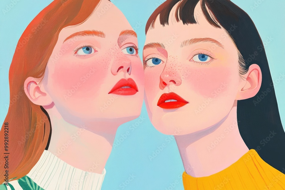 Close up portrait of two stylish women wearing cozy sweaters against a bright background Autumn and winter fashion vibes Close up portrait of two stylish women wearing cozy sweaters against a bright background Autumn and winter fashion vibes