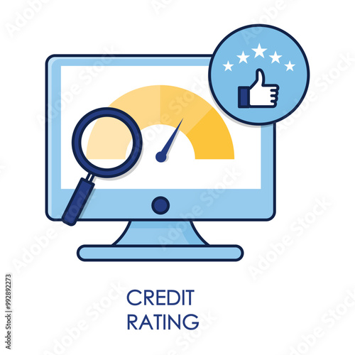 Vector icon for credit rating with computer, magnifying glass, and approval rating.