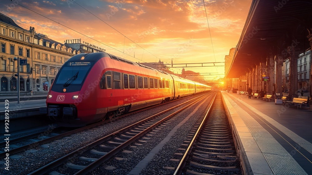 Fototapeta premium A vibrant red intercity passenger train stands on the platform of a train station in Vienna, Austria, bathed in the warm glow of sunset. The modern train, with its sleek design