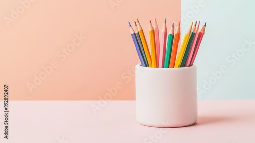 Colorful pencils arranged neatly in a white container against a pastel background creating a cheerful workspace atmosphere