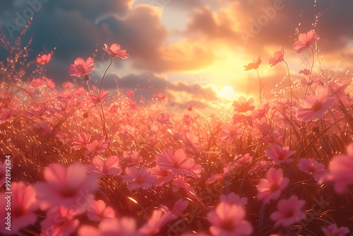 Sunset Over Field of Pink Flowers - Romantic Landscape Nature Scene for Spring Art and Decor