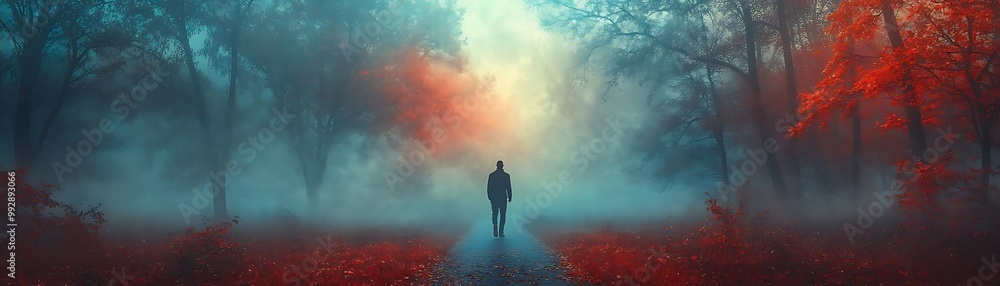 Illustration of Man Walking Through a Foggy Forest Illustration of Man Walking Through a Foggy Forest