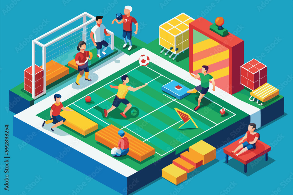 Paralympic athletes engage in a spirited soccer match within a dynamic, colorful isometric environment, Customizable isometric illustration of Paralympic canoeing Paralympic athletes engage in a spirited soccer match within a dynamic, colorful isometric environment, Customizable isometric illustration of Paralympic canoeing