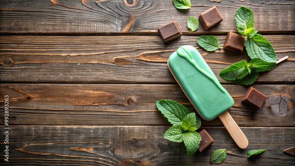 A mint chocolate popsicle melting on a rustic wooden table surrounded by chocolate pieces and fresh mint leaves. A mint chocolate popsicle melting on a rustic wooden table surrounded by chocolate pieces and fresh mint leaves.