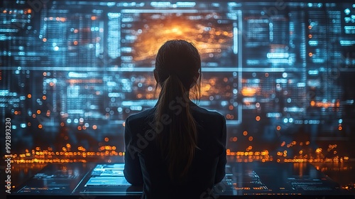 A team of professionals gathers around a virtual meeting table, using holographic technology to negotiate a multimillion-dollar financial deal across different jurisdictions. photo