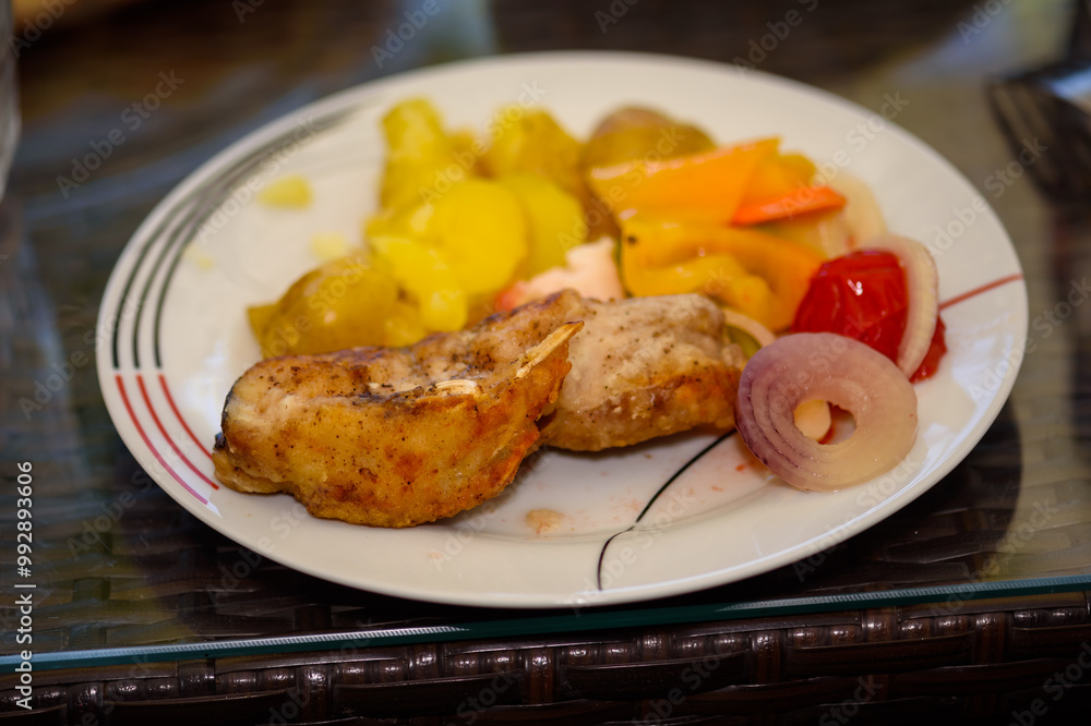 Nutritious breakfast of boiled potatoes with meat Nutritious breakfast of boiled potatoes with meat