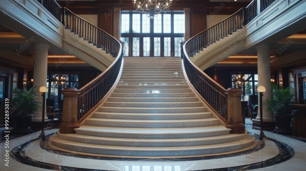Obraz premium Elegant grand staircase in a luxurious interior with natural light and decorative elements.