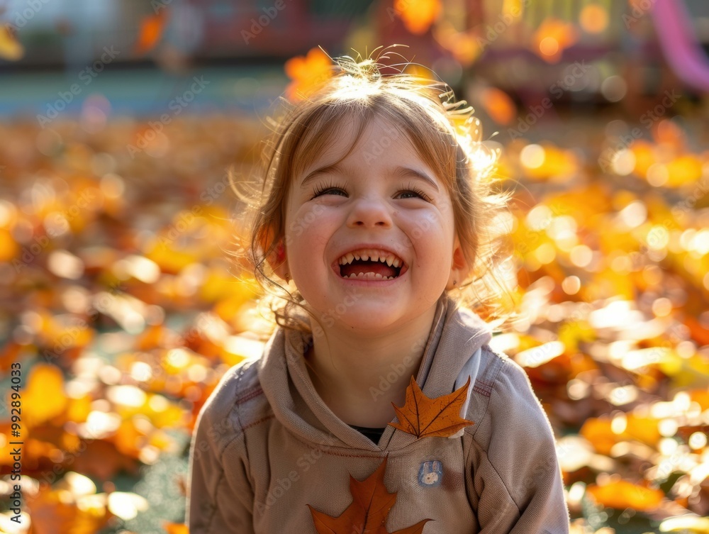 A child laughs happily surrounded by autumn leaves. AI. A child laughs happily surrounded by autumn leaves. AI.