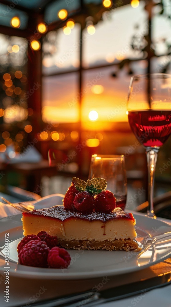 A slice of cheesecake topped with raspberries and a glass of wine on a table with a sunset view. AI. A slice of cheesecake topped with raspberries and a glass of wine on a table with a sunset view. AI.