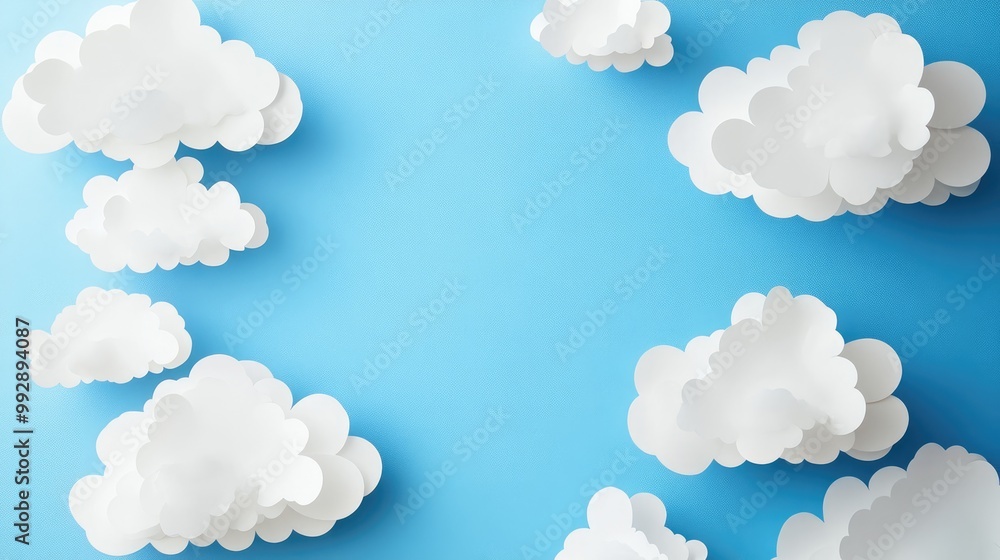 White paper artwork resembling clouds set against a blue sky backdrop with ample empty space for text or design White paper artwork resembling clouds set against a blue sky backdrop with ample empty space for text or design