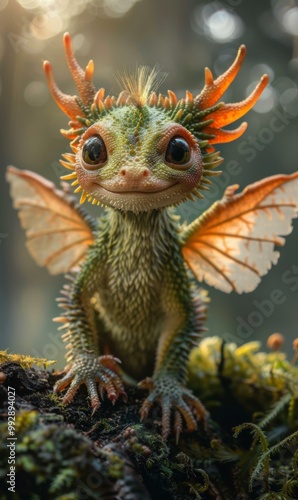 A small, friendly dragon with big eyes and a gentle smile. AI.