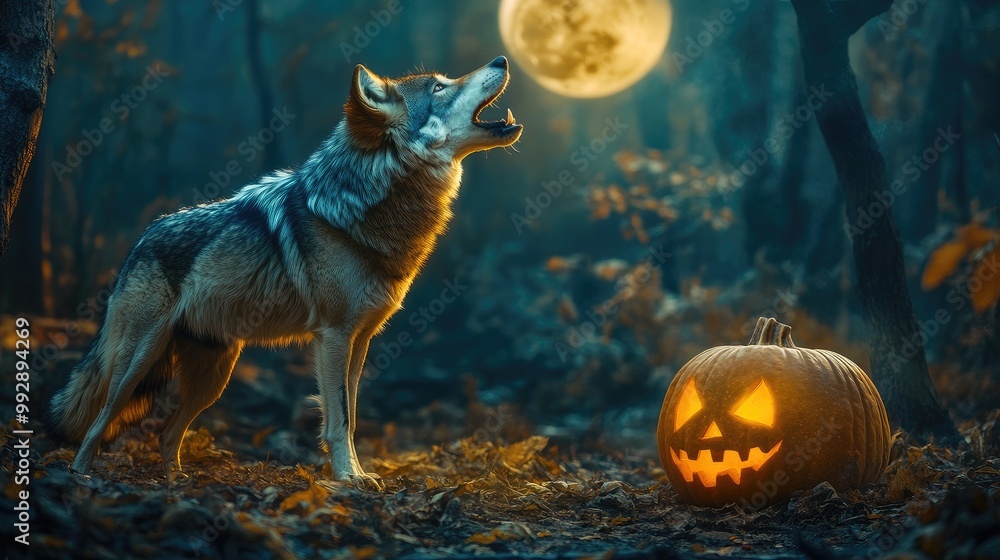 Fototapeta premium A wolf howls beside a glowing pumpkin, set against a dark forest backdrop with a full moon, creating a spooky Halloween vibe. No people, no logos.