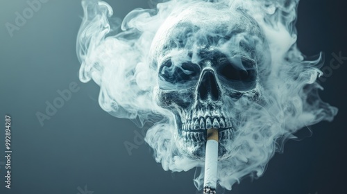 Cigarette with smoke forming a skull shape representing the dangers associated with smoking and its health risks