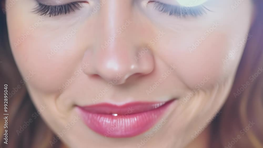 Close-up of smiling woman with soft lighting and natural makeup Close-up of smiling woman with soft lighting and natural makeup