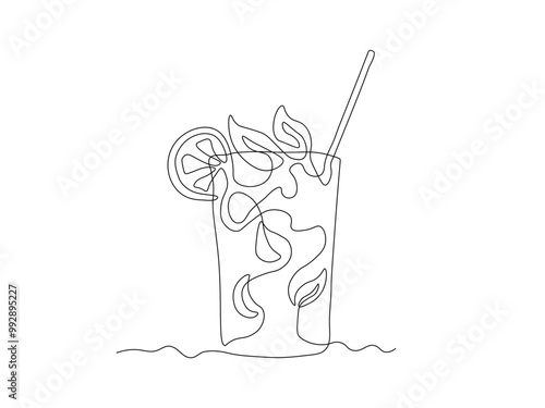 Abstract Cold Mojito Cocktail with lime and mint straw, continuous one line art hand drawing sketch, logo