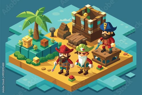 Three pirates explore a lush tropical island searching for hidden treasure and adventure, Customizable isometric illustration of pirates