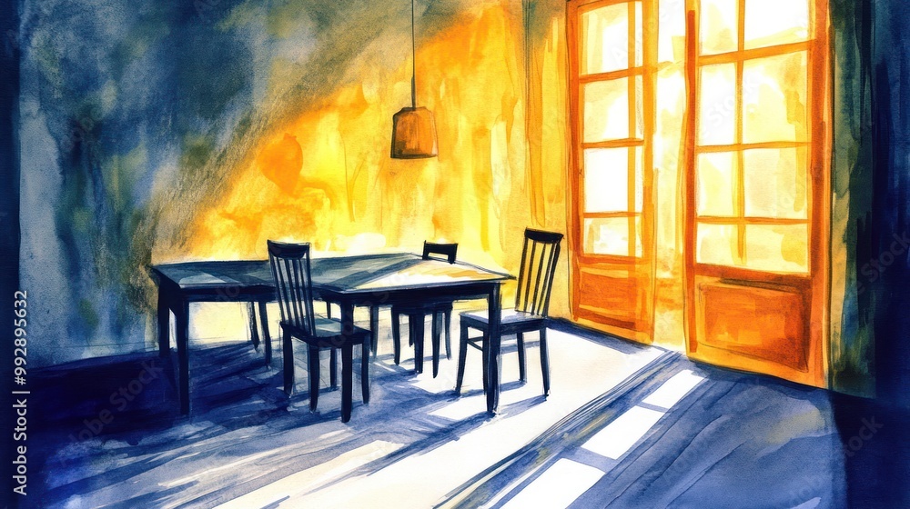 A serene interior scene with a table and chairs illuminated by warm sunlight. A serene interior scene with a table and chairs illuminated by warm sunlight.