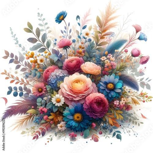 A vibrant bouquet of colorful flowers with a decorated Easter egg at the center. white background 