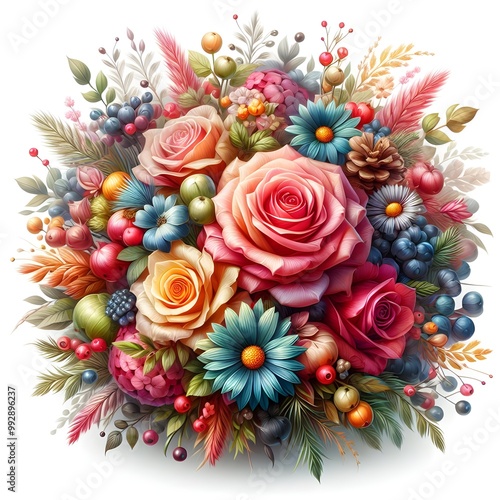 A vibrant bouquet of colorful flowers with a decorated Easter egg at the center. white background 