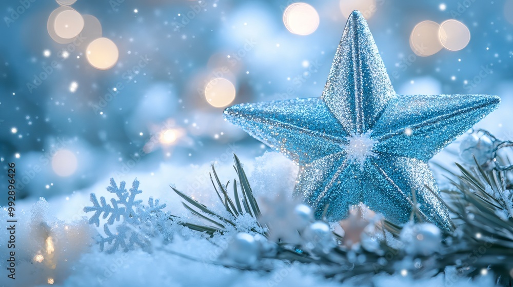 Adorned with a twinkling blue star and delicate snowflakes, winter's arrival is showcased against a serene snowy backdrop. Adorned with a twinkling blue star and delicate snowflakes, winter's arrival is showcased against a serene snowy backdrop.