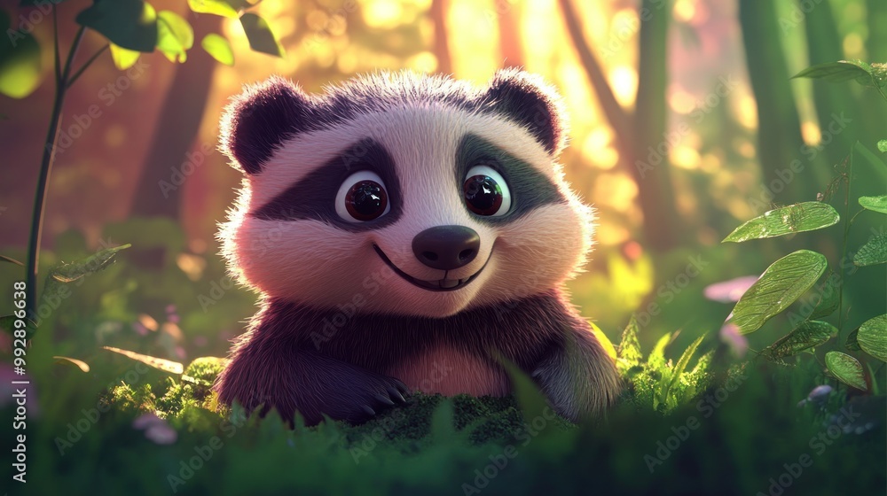 A cute cartoon panda sitting in a vibrant forest, exuding charm and playfulness. A cute cartoon panda sitting in a vibrant forest, exuding charm and playfulness.