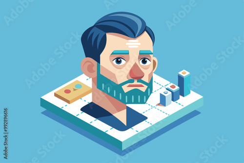 An isometric illustration features a patient prepared for rhinoplasty, surrounded by surgical tools and charts, Customizable isometric illustration of rhinoplasty.