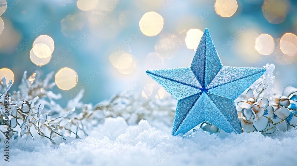 Adorned with a twinkling blue star and delicate snowflakes, winter's arrival is showcased against a serene snowy backdrop. Adorned with a twinkling blue star and delicate snowflakes, winter's arrival is showcased against a serene snowy backdrop.