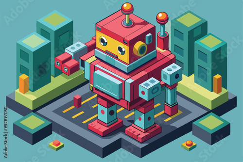 A whimsical robot stands proudly on an urban street, surrounded by simplified city buildings, Customizable isometric illustration of robotics.