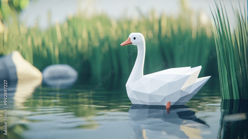 Fototapeta premium A low-poly white duck swimming in a serene water environment surrounded by greenery.