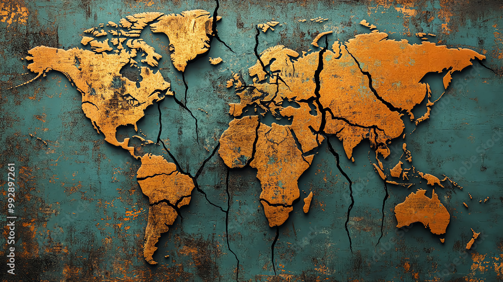 Cracked world map on rusty metal background Cracked world map on rusty metal background