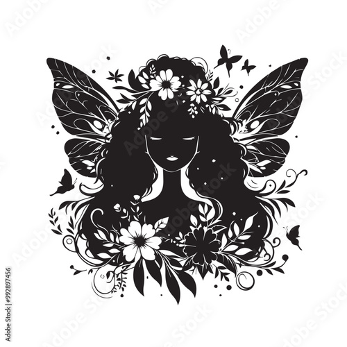 Beautiful Black girl fairy illustration vector silhouette full black color 