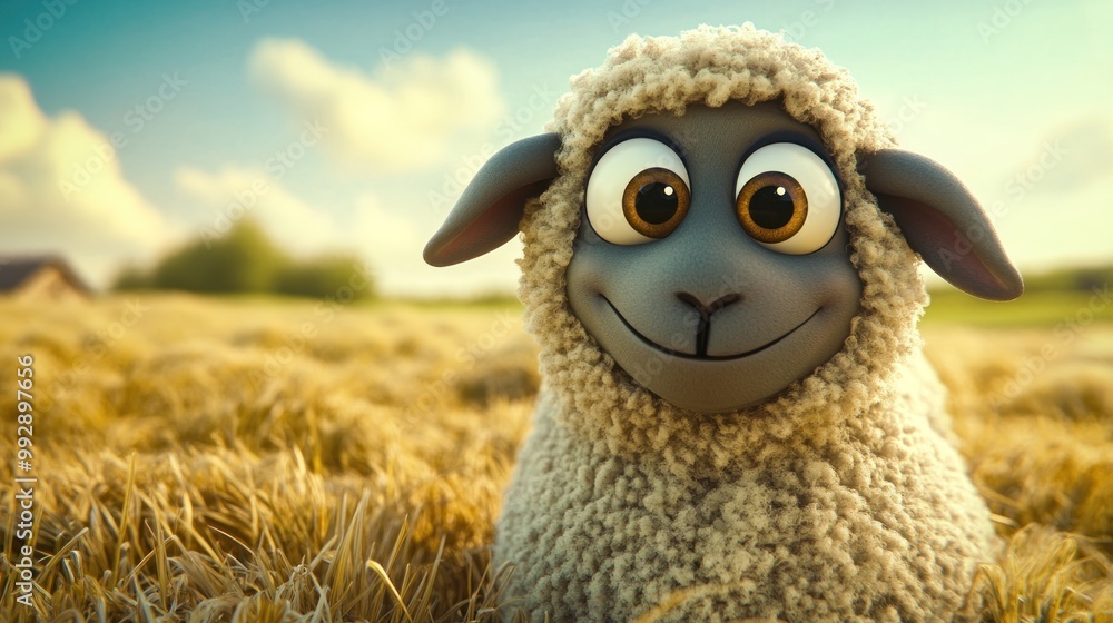 A cute cartoon sheep with big eyes, smiling in a sunny field. A cute cartoon sheep with big eyes, smiling in a sunny field.