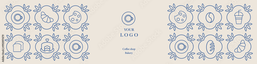 Obraz premium Abstract coffee modern line geometric pattern. Hand drawn illustration for Bakery and Coffee shop. Icons. Coffee bean, cup of coffee, dish, cookie and croissant. Abstract geometric line background. 