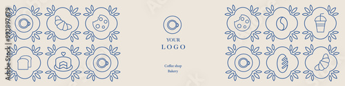 Abstract coffee modern line geometric pattern. Hand drawn illustration for Bakery and Coffee shop. Icons. Coffee bean, cup of coffee, dish, cookie and croissant. Abstract geometric line background. 