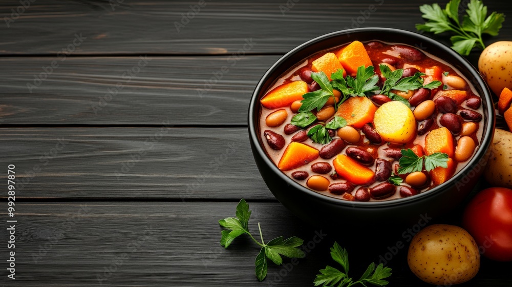 Hearty Bean and Vegetable Stew in Rustic Bowl Hearty Bean and Vegetable Stew in Rustic Bowl