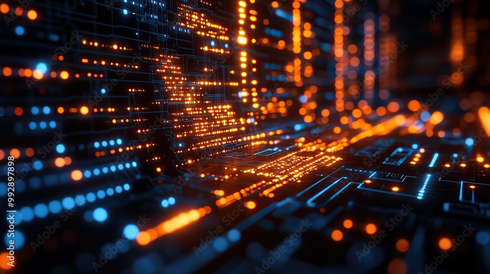 A technology concept of software development features coding on a digital interface, with IoT connections and circuit boards. A technology concept of software development features coding on a digital interface, with IoT connections and circuit boards.
