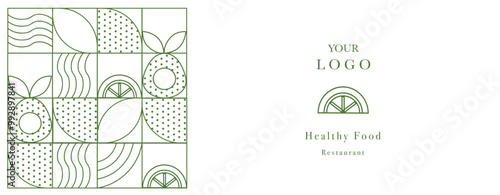 Hand drawn illustration. Organic fruit - avocado and orange. Geometric pattern. Abstract geometric line background. Gold luxury.  Healthy Food pattern. Web banner. 