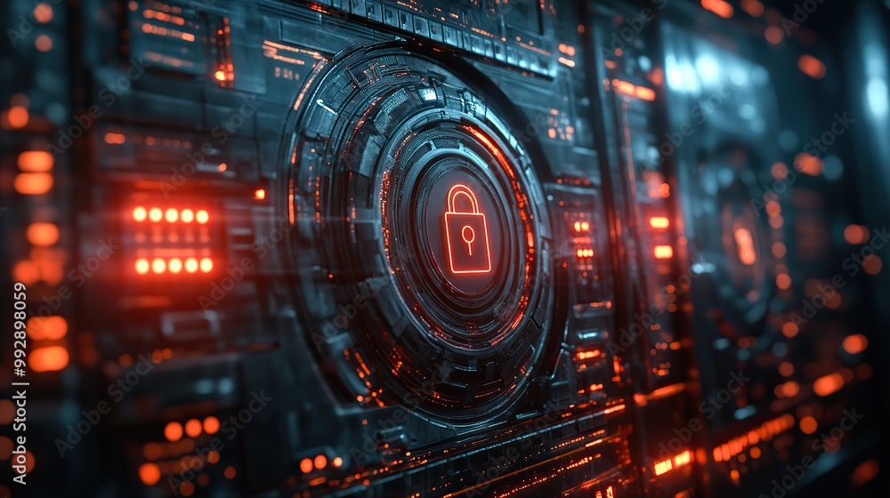 A technology concept showcases user privacy and security with encrypted internet access, featuring a futuristic screen and padlock. A technology concept showcases user privacy and security with encrypted internet access, featuring a futuristic screen and padlock.
