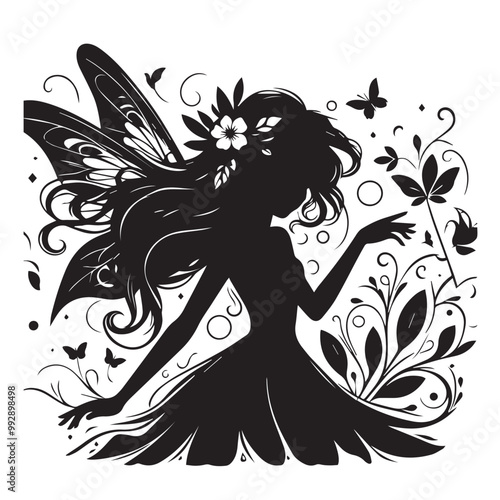 Beautiful Black girl fairy illustration vector silhouette full black color 