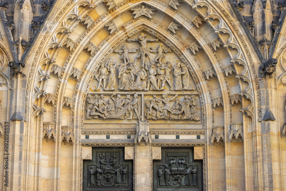 Decorative portal of medieval St. Vitus Cathedral, located on Hradcany district, Prague, Czech Republic