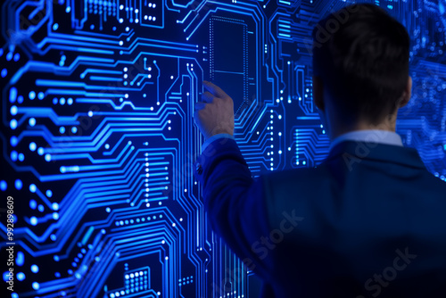 Businessman Interacting with Digital Circuitry